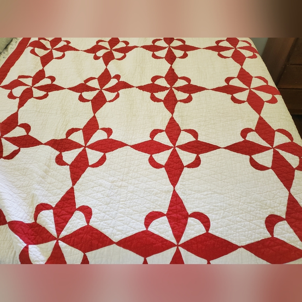 Vintage Handmade Red And White Quilt